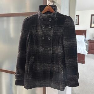 Zara Wool Double Breasted Pea Coat - Black & Gray Plaid Size M